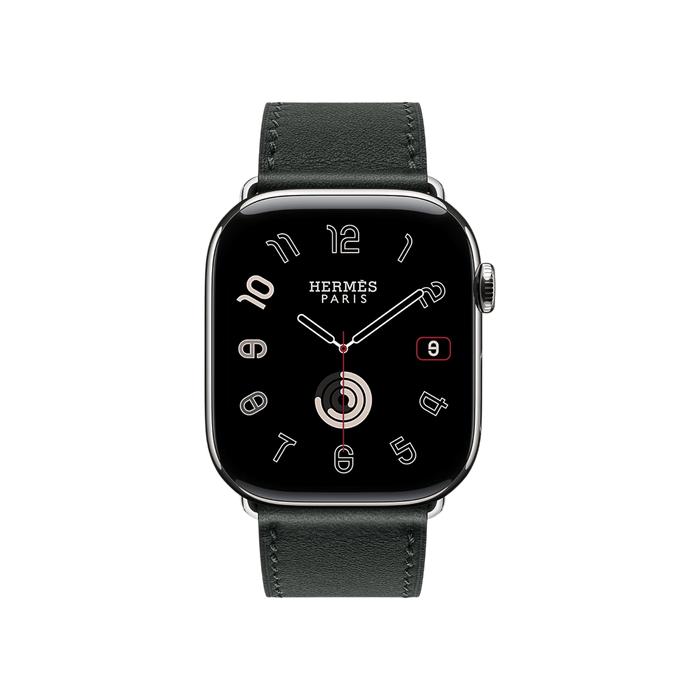 Apple Watch Hermès Series 10, 46mm Silver Titanium with Noir Single Tour Band, elegant & luxurious, at TaMiMi Projects, Qatar.