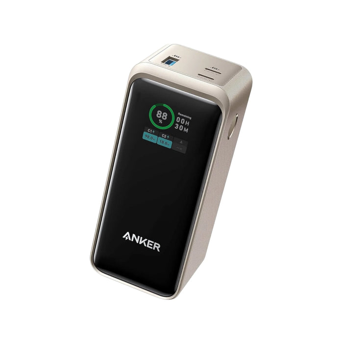 Anker Prime 20,000mAh Power Bank with 200W total output, dual USB-C ports, smart digital display, & compact design for travel.