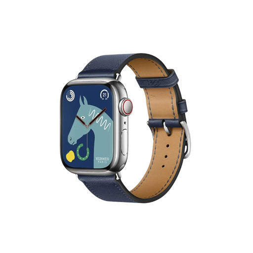 Hermès Apple Watch Band 41 mm, Navy Swift Leather Single Tour, available now from TaMiMi Projects in Qatar.