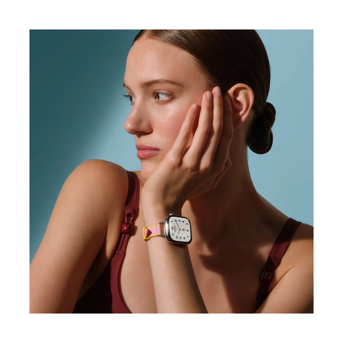 Apple Watch Hermès Series 11, 42mm Silver Titanium with Attelage Rose Sakura / Jaune De Naples, at TaMiMi Projects in Qatar