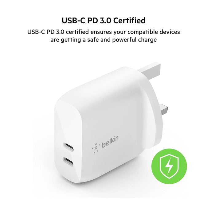 Belkin Dual USB-C Wall Charger 40W, Charges iPhone up to 50% in around 25 minutes, TaMiMi Projects Qatar.