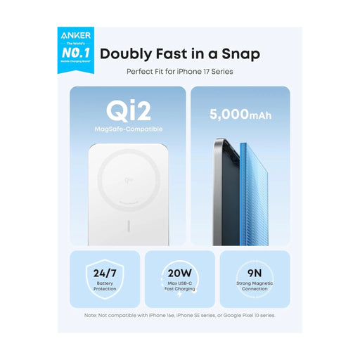 ‫احصل على شاحن انكر سعة ٥ الاف مللي أمبير من تميمي بروجكتس في قطر. تصميم نحيف مغناطيسي، شحن بقوة ١٥ واط، يدعم آيفون ١٣ إلى ١٧. 