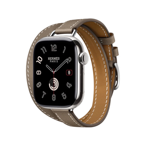 Apple Watch Hermès Series 11, 42mm Silver Titanium with Attelage Etoupe Double Tour, at TaMiMi Projects in Qatar.