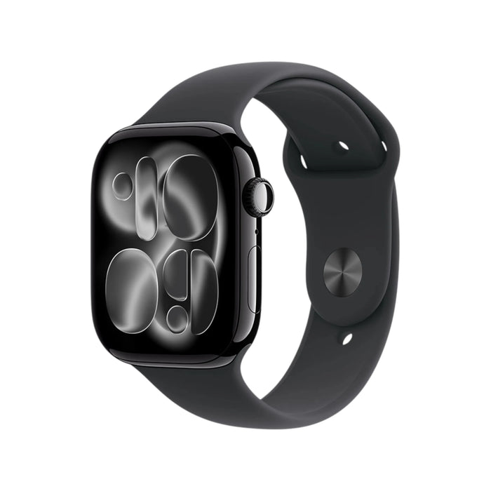 Apple Watch S11, GPS 46mm Jet Black Aluminium with Black Sport Band - M/L, Available now from TaMiMi Projects in Qatar.