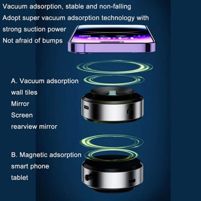 Image of a Magnetic Suction Phone Mount featuring strong vacuum grip and 360-degree rotation capabilities, designed to adhere to smooth surfaces like glass and mirrors, providing stability and security for the phone during driving.