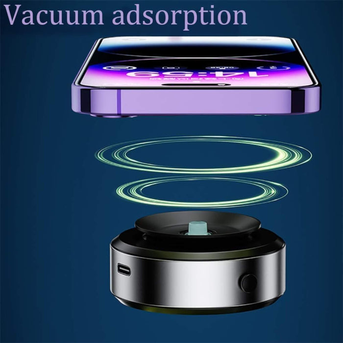 Image of a Magnetic Suction Phone Mount featuring strong vacuum grip and 360-degree rotation capabilities, designed to adhere to smooth surfaces like glass and mirrors, providing stability and security for the phone during driving.
