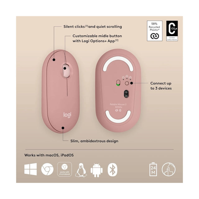 ‫احصل على ماوس لوجيتيك Pebble Mouse 2 M350s من تميمي بروجكتس فى قطر.تصميم نحيف، اتصال Bluetooth لثلاثة أجهزة ونقر هادئ.