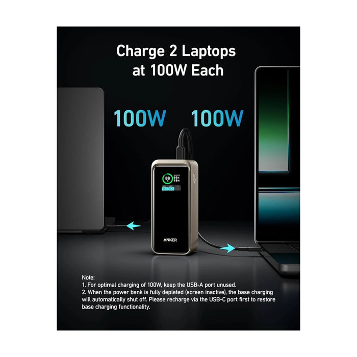 Anker Prime 20,000mAh Power Bank with 200W total output, dual USB-C ports, smart digital display, & compact design for travel.