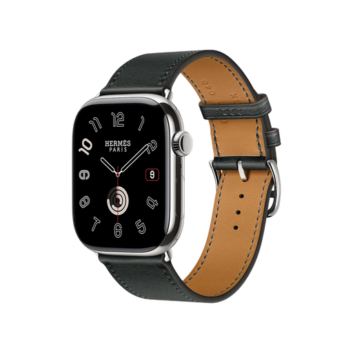 Apple Watch Hermès Series 10, 46mm Silver Titanium with Noir Single Tour Band, elegant & luxurious, at TaMiMi Projects, Qatar.