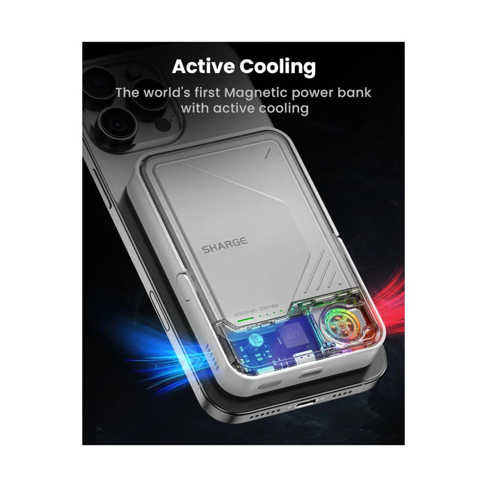 ‫احصل على باور بنك SHARGE من تميمي بروجكتس في قطر. شحن مغناطيسي لاسلكي 15W، تبريد نشط، وحامل مدمج. 