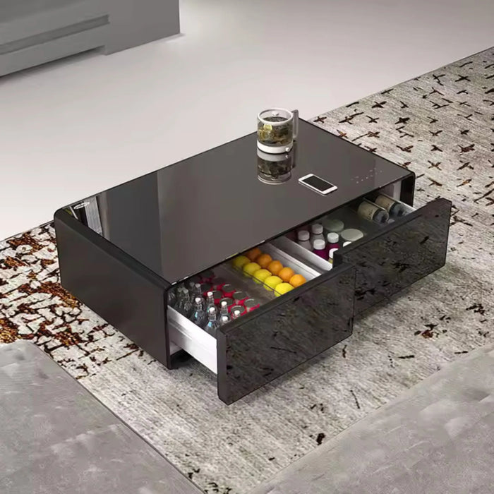 Smart Coffee Table with 135L fridge, wireless charging, Bluetooth speakers & LED lighting – TaMiMi Projects in Qatar.
