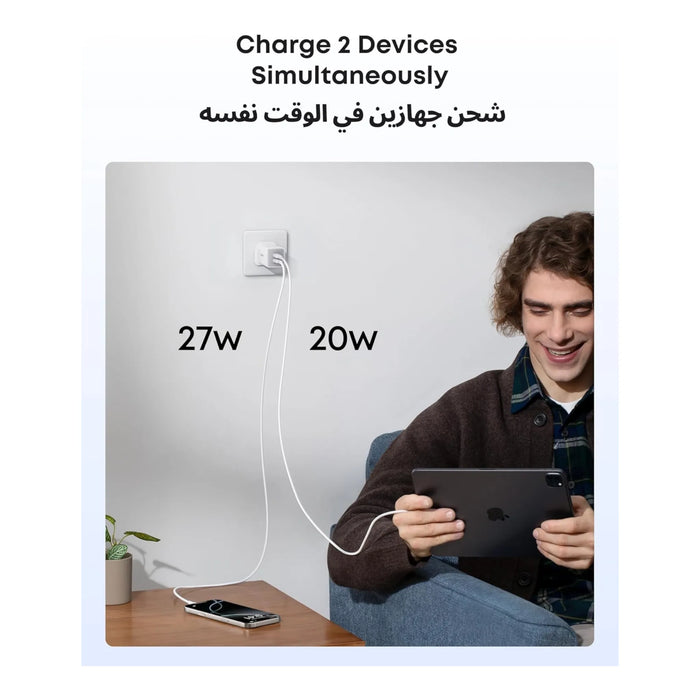 Anker Nano 47W USB-C Dual Port Charger, Provides up to 47W output for laptops like MacBook Air.