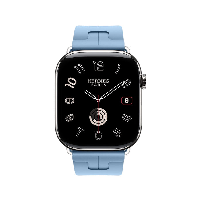 Apple Watch Hermès Series 11, 46mm Silver Titanium with Bleu Pastel Kilim Single Tour, at TaMiMi Projects in Qatar.

