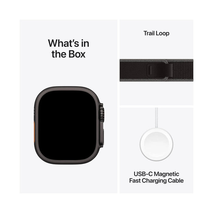 Apple Watch Ultra 3 GPS + Cellular, 49mm Black Case with Black/Charcoal Trail Loop, Available from TaMiMi Projects in Qatar.