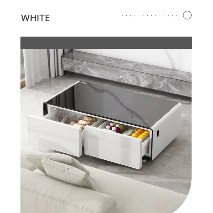 Smart Coffee Table with 135L fridge, wireless charging, Bluetooth speakers & LED lighting – TaMiMi Projects in Qatar.