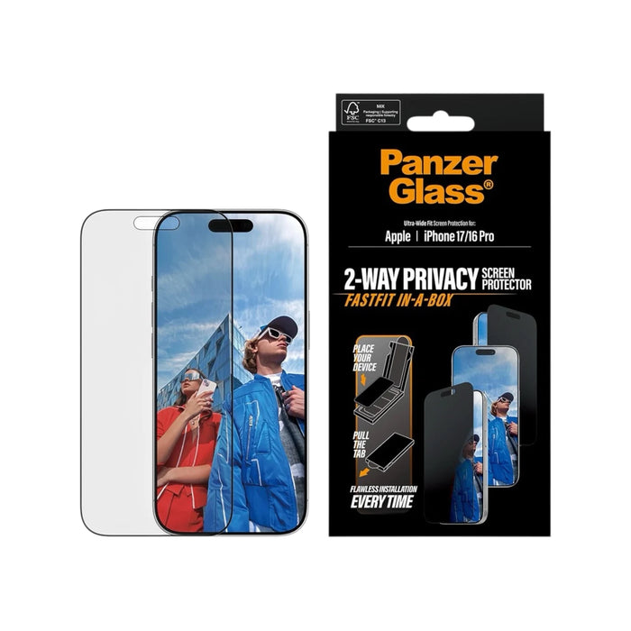 PanzerGlass Privacy Screen Protector for iPhone 17 / 16 Pro, 60% recycled glass, scratch-resistant, at TaMiMi Projects Qatar.