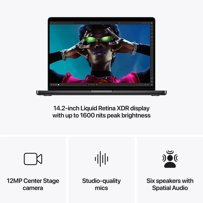 ‫ماك بوك برو ١٤ إنش بشريحة M4 Pro / M4 Max‬, ‫يدعم حتى ٤ شاشات خارجية (مع M4 Max).‬ متوفر في تميمي بروجكتس قطر