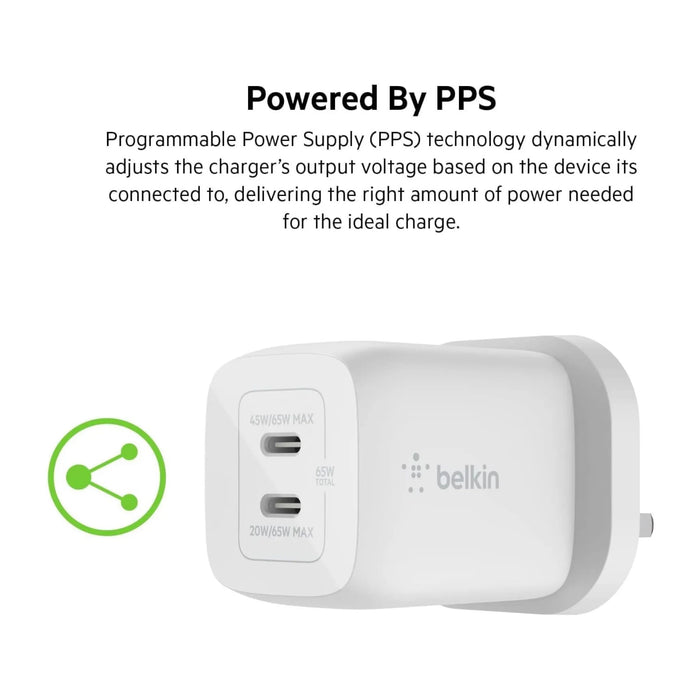 ‫شاحن بيلكن ذو مخرجين ٦٥ واط مع كيبل من تميمي بروجكتس في قطر. شحن سريع وكيبل مرفق، تصميم صغير مناسب للسفر والاستخدام اليومي.