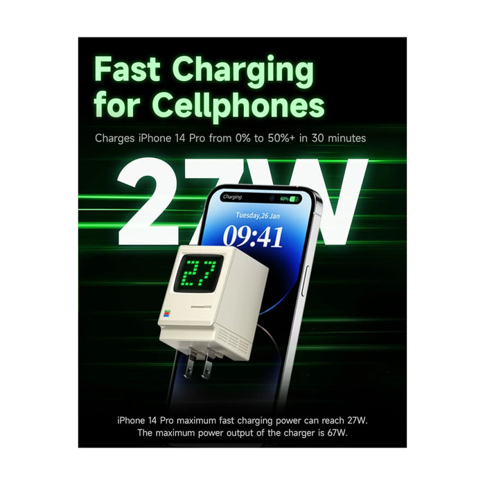 SHARGE Retro 67W GaN Charger 3-Port, recharges MacBook Air in under 2 hours, & iPhone to 50% in 30 min, TaMiMi Projects, Qatar.