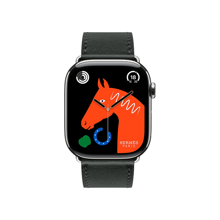 Apple Watch Hermès Series 10, 46mm Silver Titanium with Noir Single Tour Band, elegant & luxurious, at TaMiMi Projects, Qatar.