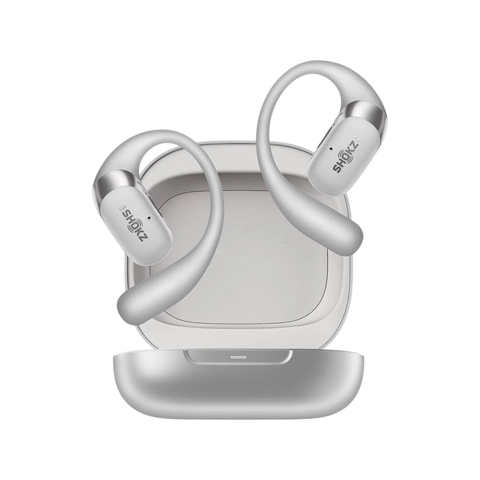 SHOKZ OpenFit 2+ in Grey, Up to 11 hours of playtime, 48 hours with charging case, Available now from TaMiMi Projects in Qatar.