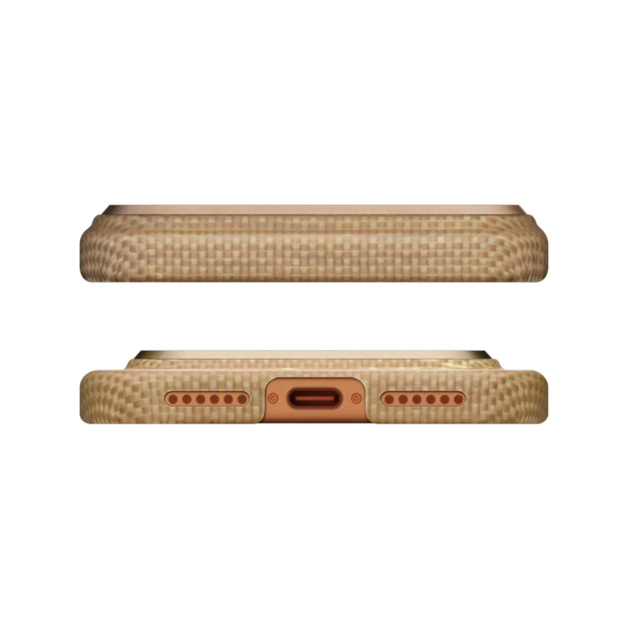 Pitaka iPhone 17 Pro Max Case in Golden Glint, Woven from ultra-strong aramid fiber, Available now from TaMiMi Projects in Qatar.