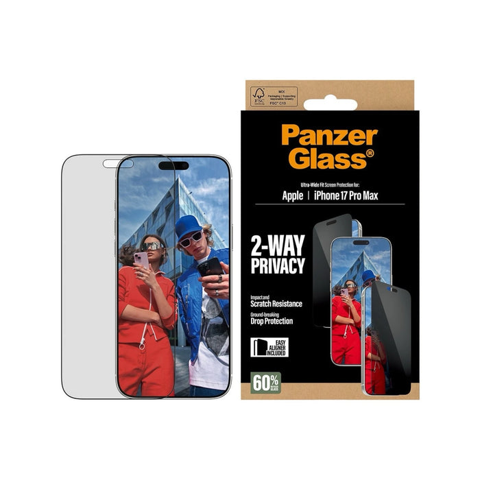 PanzerGlass Privacy Screen Protector for iPhone 17 Pro Max, 60% recycled glass, scratch-resistant, at TaMiMi Projects Qatar.