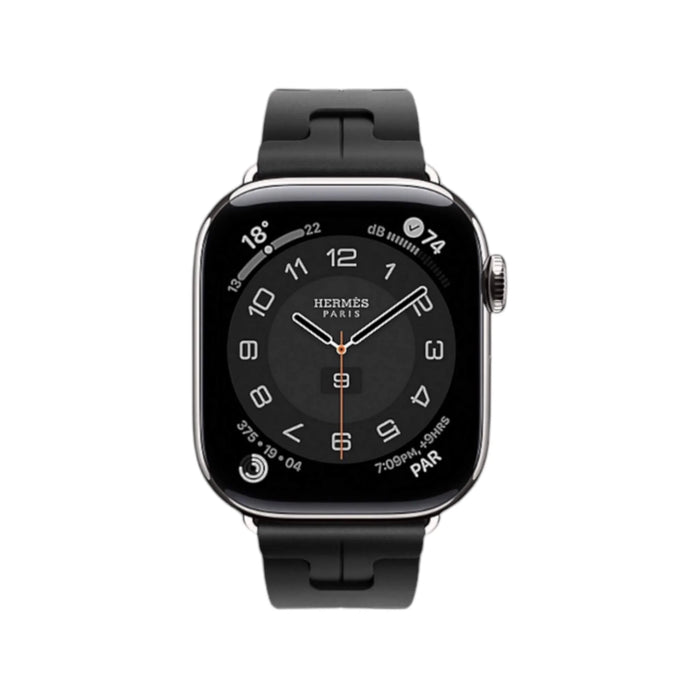 Sporty Hermès band from TaMiMi Projects Qatar. Soft, waterproof rubber with H motif and buckle. Fits Apple Watch 38/40/41/42 mm.