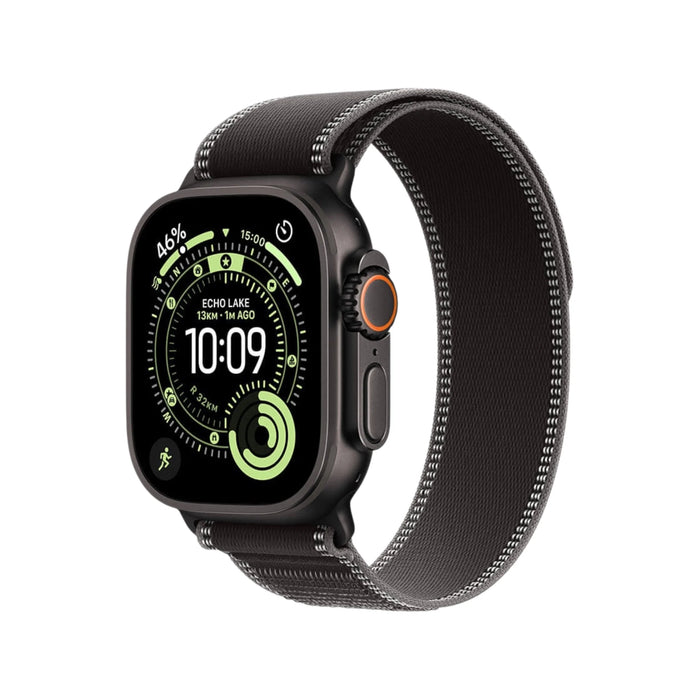 Apple Watch Ultra 3 GPS + Cellular, 49mm Black Case with Black/Charcoal Trail Loop, Available from TaMiMi Projects in Qatar.