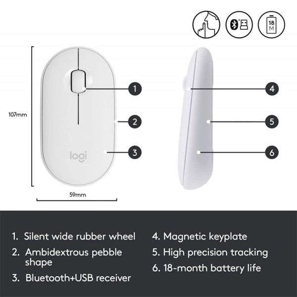 Logitech Pebble Wireless Mouse with Bluetooth or USB - White