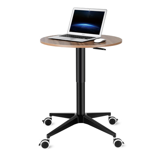 Adjustable round floor table with hickory wood top and wheels for easy mobility, ideal for home or office use - TaMiMi Projects Qatar.