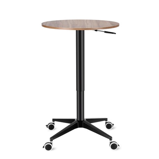 Adjustable round floor table with hickory wood top and wheels for easy mobility, ideal for home or office use - TaMiMi Projects Qatar.