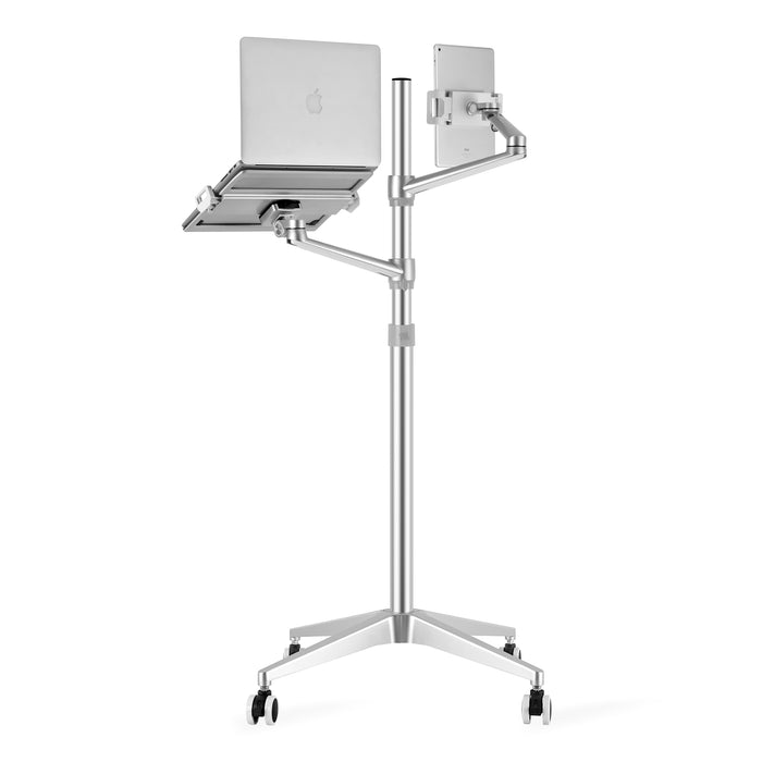 Rolling Adjustable Laptop & Tablet & Phone Stand - Double Arm - Silver
