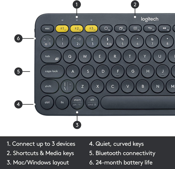 Logitech K380 Multi-Device Bluetooth Keyboard - Easy-Switch up to 3 Devices – Dark Grey