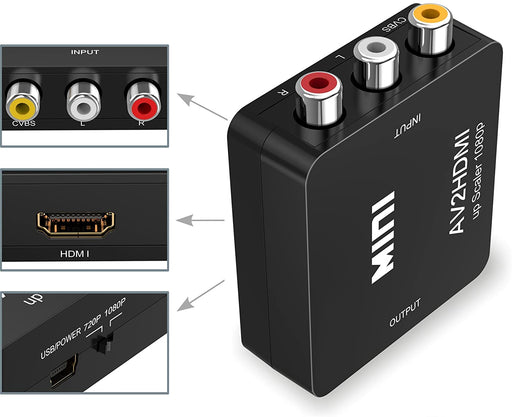 Mini AV to HDMI converter, 1080p upscaler, easy setup for connecting old devices to modern TVs - TaMiMi Projects in Qatar.