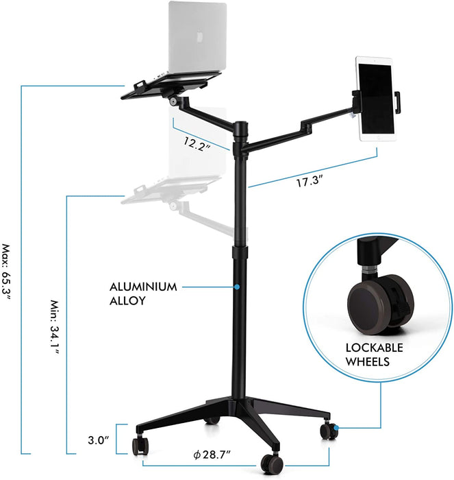 Adjustable Floor Stand with Dual Arms for iPad and Laptop - Black