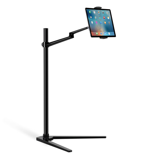 Adjustable 360° tablet floor stand, silver, compatible with iPad and iPhone. Durable design for home or office use – TaMiMi Projects, Qatar.