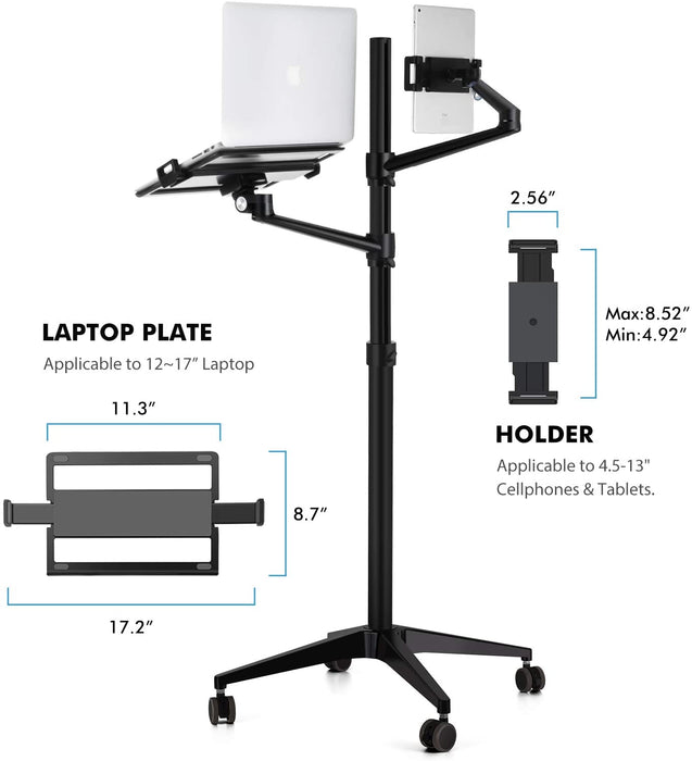 Adjustable Floor Stand with Dual Arms for iPad and Laptop - Black