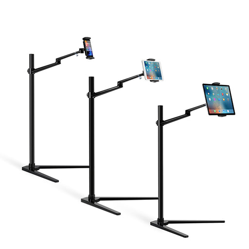 Adjustable 360° tablet floor stand, silver, compatible with iPad and iPhone. Durable design for home or office use – TaMiMi Projects, Qatar.